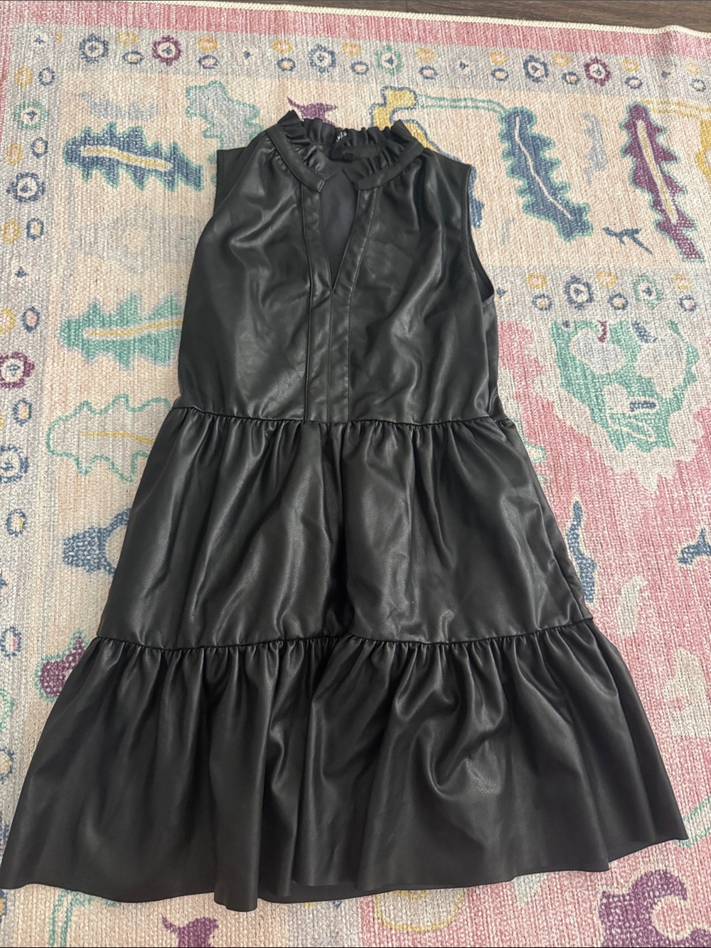 Sleeveless Black Faux Leather Ruffle-Neck Tiered Dress